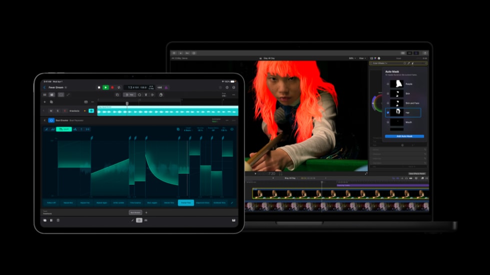 显示 Logic Pro 中 Beat Breaker 工具的 iPad Pro,和显示 Final Cut Pro 中 Auto Mask 工具的 MacBook Pro。